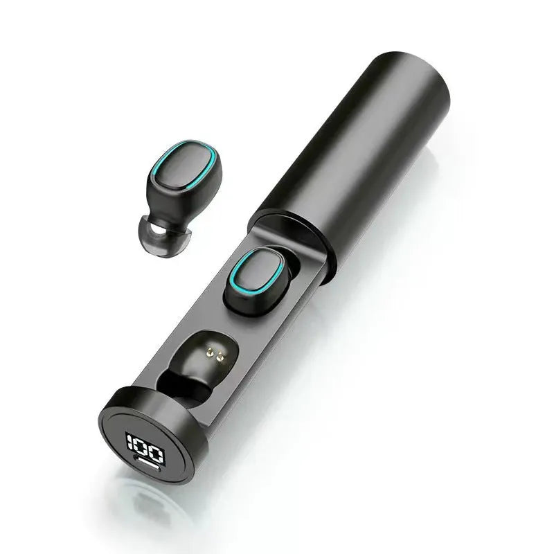 Wireless Bluetooth headset in black with in-ear design and digital display