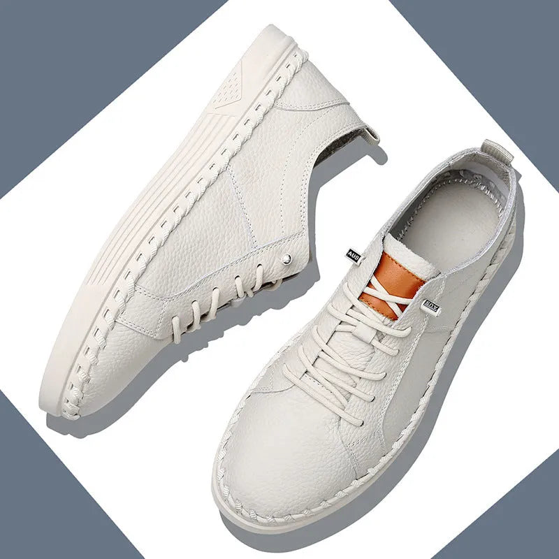 Men's beige and black round toe casual sneakers made from first layer cowhide with visible stitching.