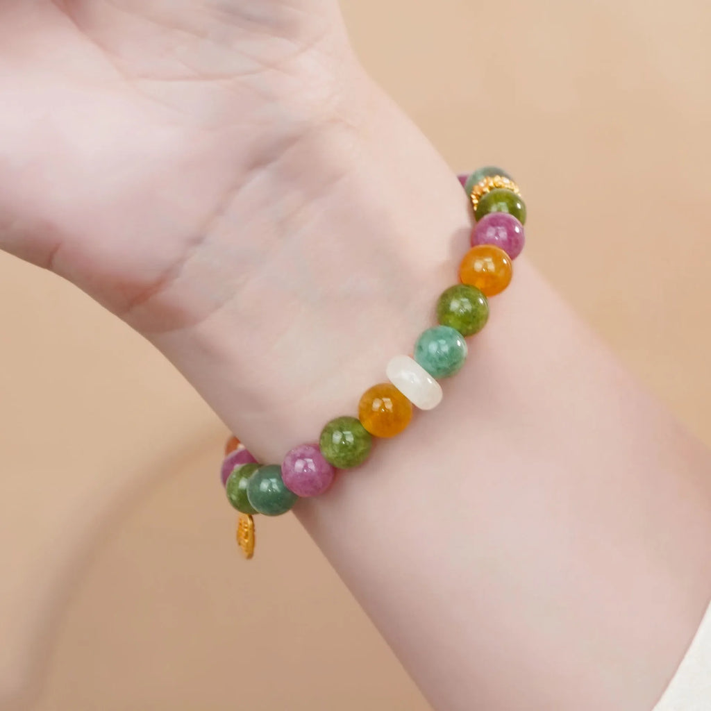 Natural jade rainbow tourmaline half bracelet for women with electroplated finish