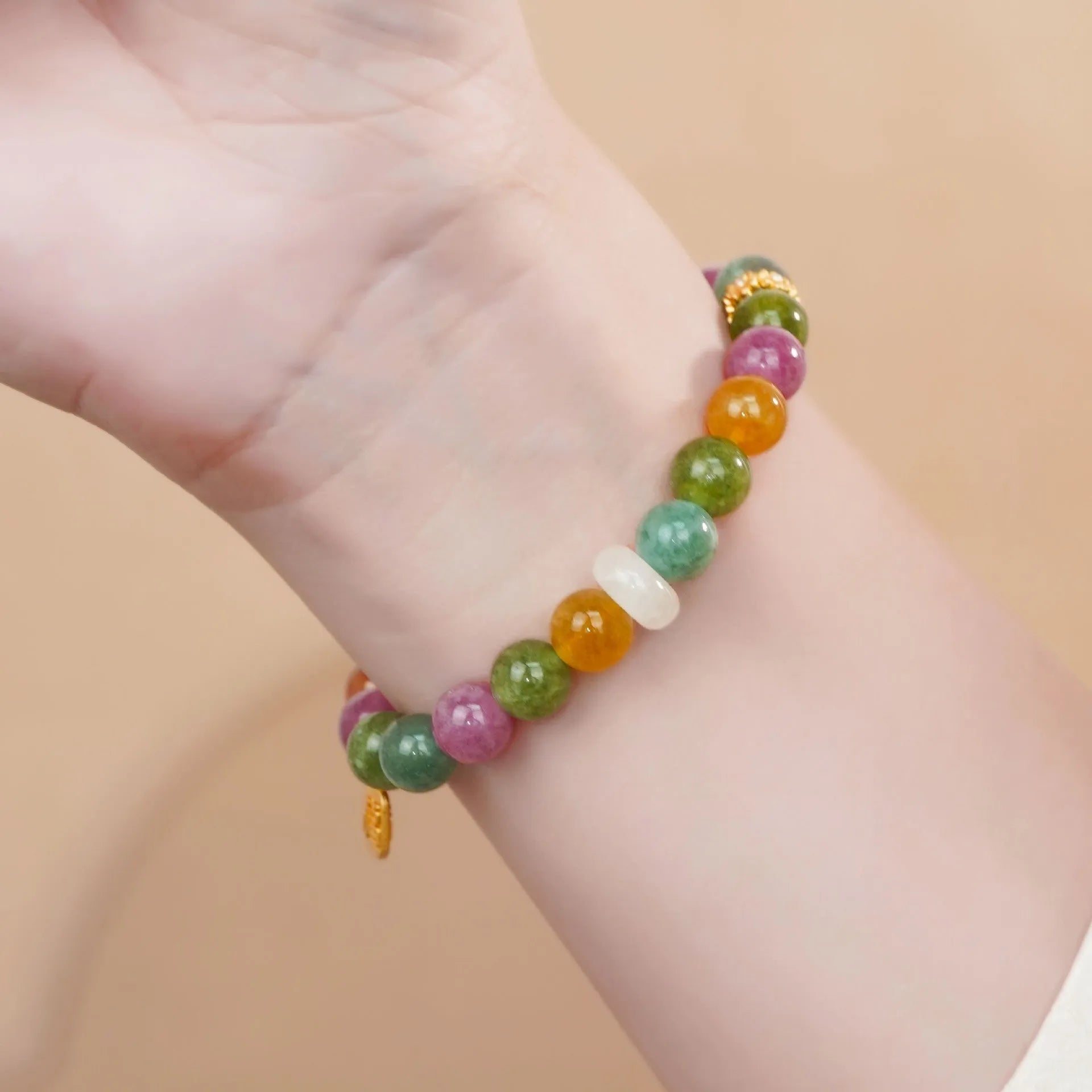 Natural jade rainbow tourmaline half bracelet for women with electroplated finish
