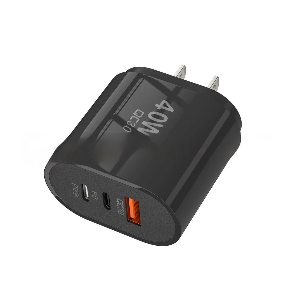 40W multi-port charger for Android mobile phone with EU and US plug options in black, white, and yellow