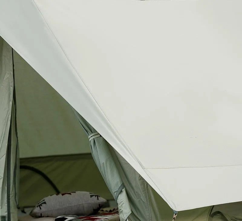 Large family camping tent in mountain green and ivory white with aluminium poles and Oxford base