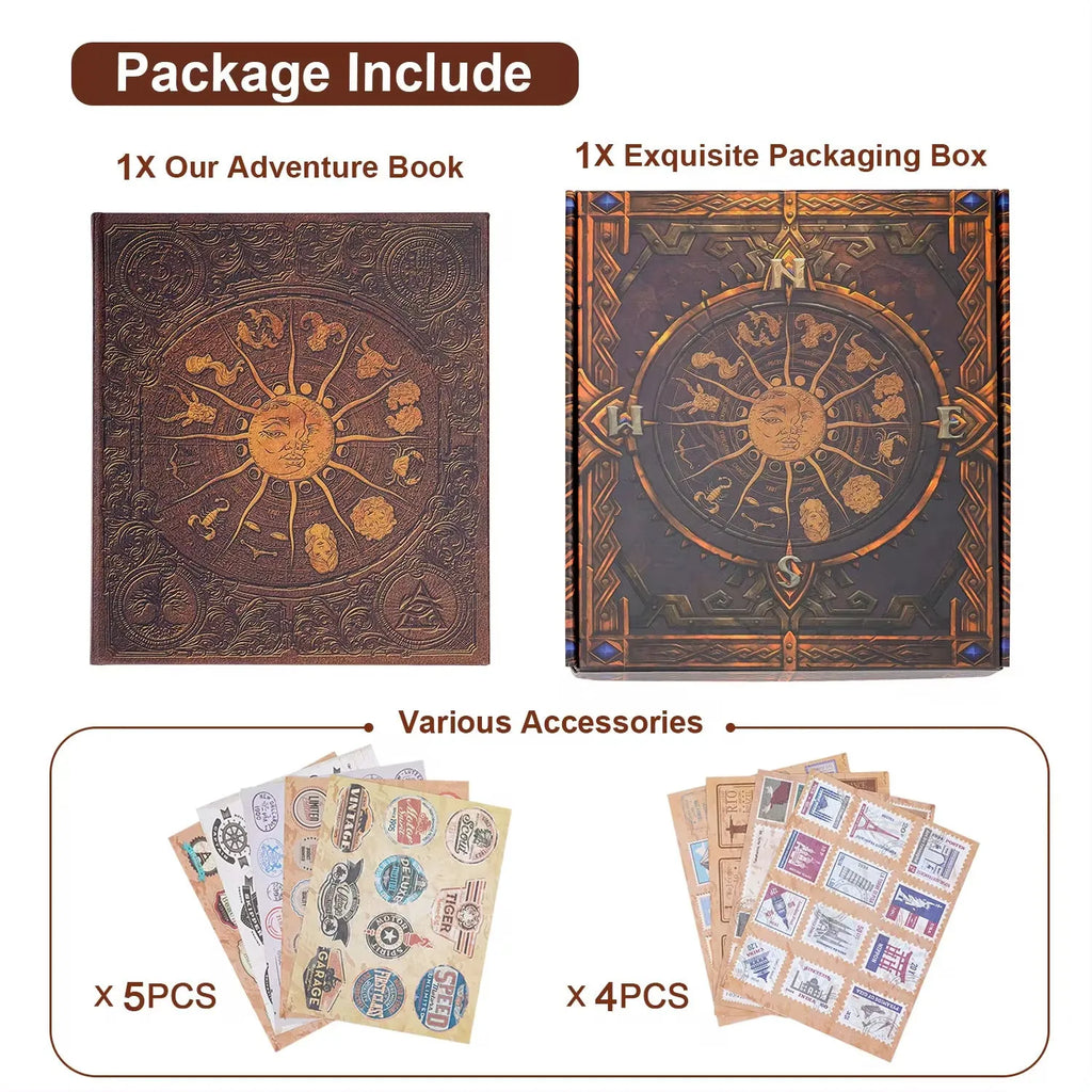 132-page gold photo album with kraft paper pages and hard cardboard cover, 28 x 24.4 cm, displayed open with blank sticky pages.