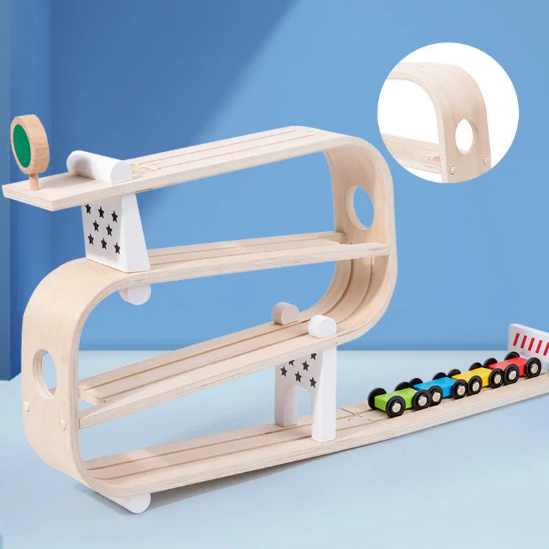 Children's wooden rapid gliding car track toy in colour box
