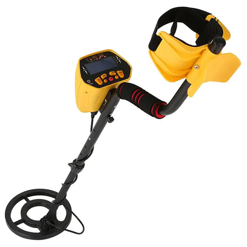 GC1028 black and yellow metal detector with LCD screen and waterproof search coil on adjustable pole.