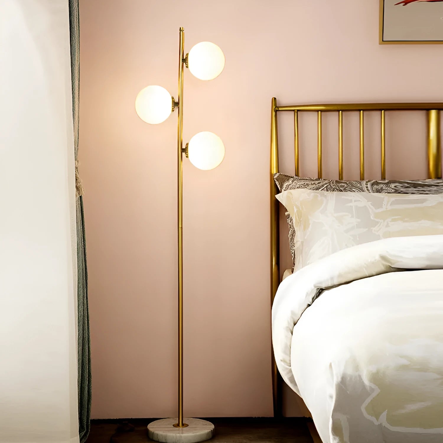 Creative minimalist floor lamp with warm LED light, gold aluminium alloy frame and glass shade