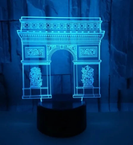 Triumphal Arch 3D night light with seven-colour LED illuminated in white against a dark background