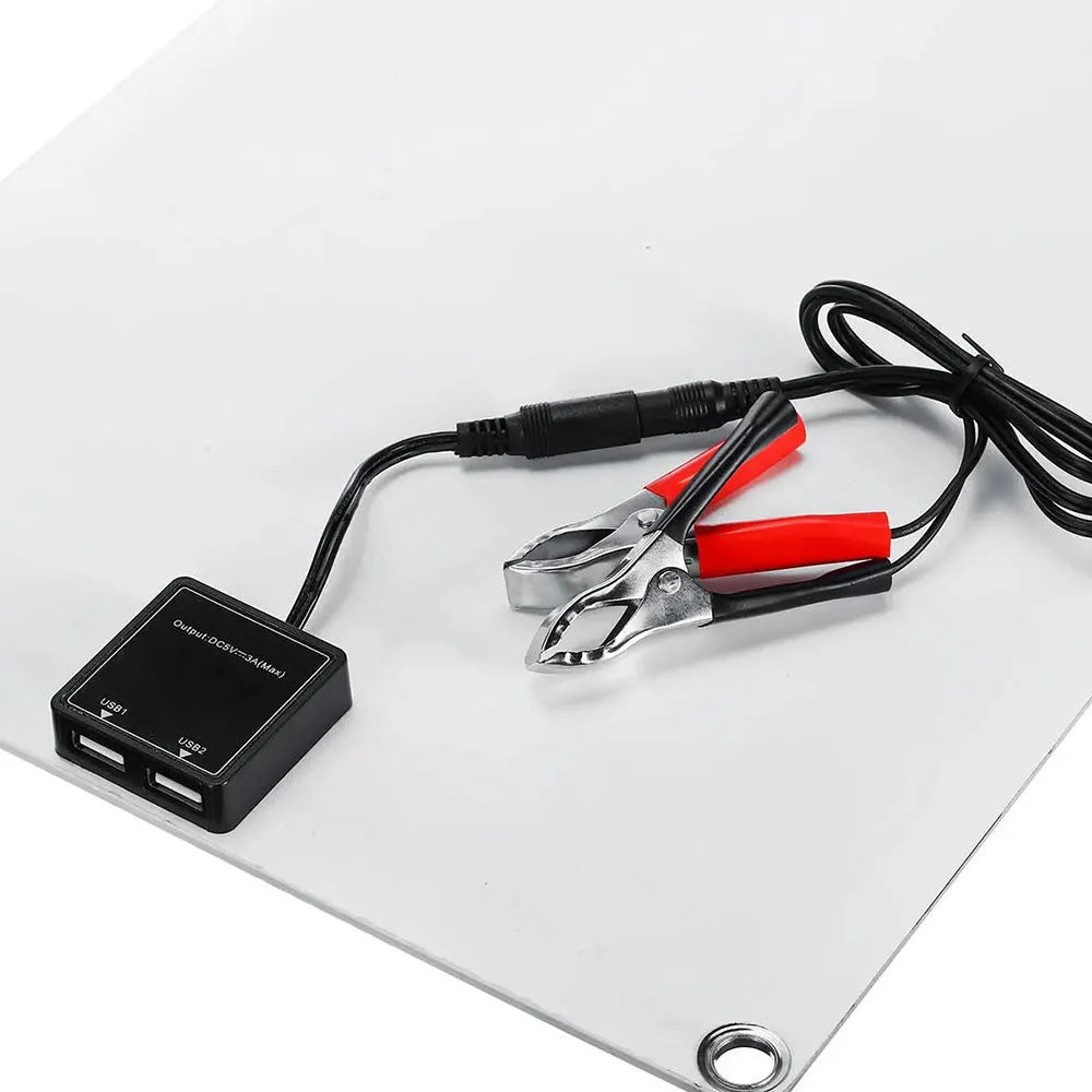 30W semi-flexible solar panel showing its surface and dual output ports for USB and 18V charging.