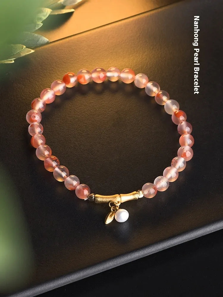 Nanhong agate bracelet with flower design and bamboo joint elements in ethnic style