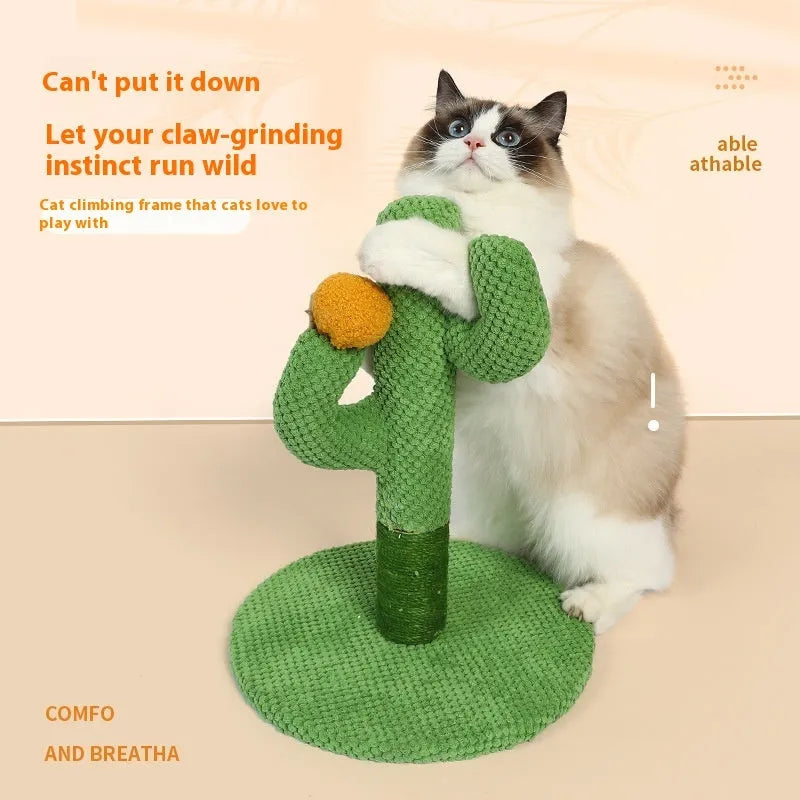 Cactus-shaped cat scratch board with vertical sisal climbing pole in green cotton thread construction