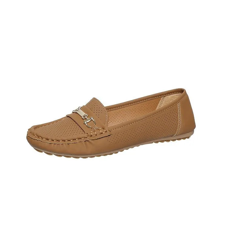 Women's flat casual shoes in artificial PU, shown in white, black, and khaki colour options.