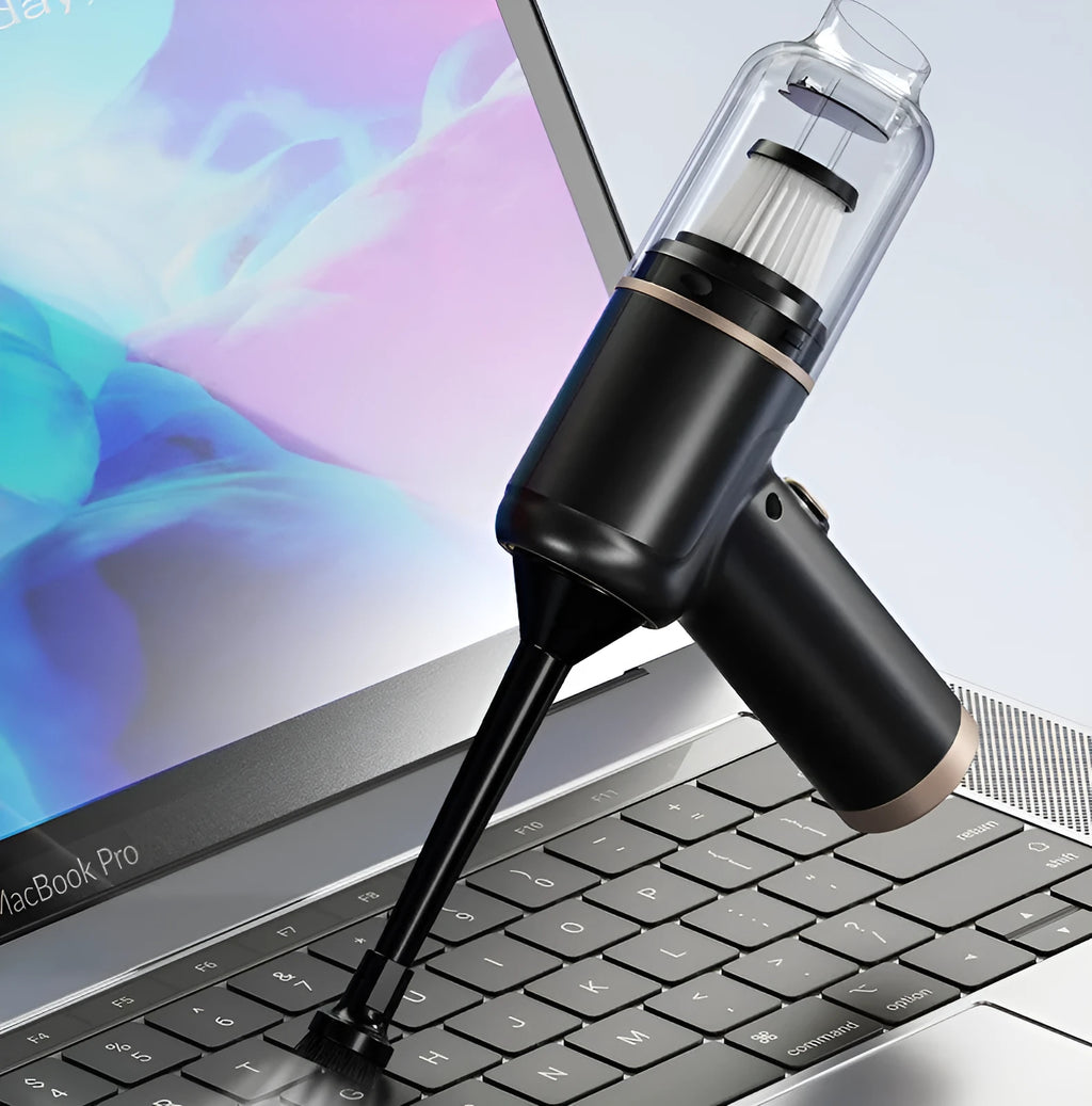Black wireless handheld car vacuum cleaner and tyre inflator with multiple nozzle attachments on a white background.
