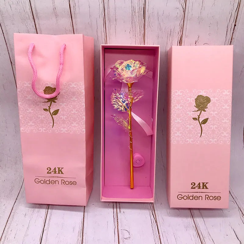 24K luminous gold rose flower set in gift box with tote bag, handmade plastic bouquet non-fade artificial roses