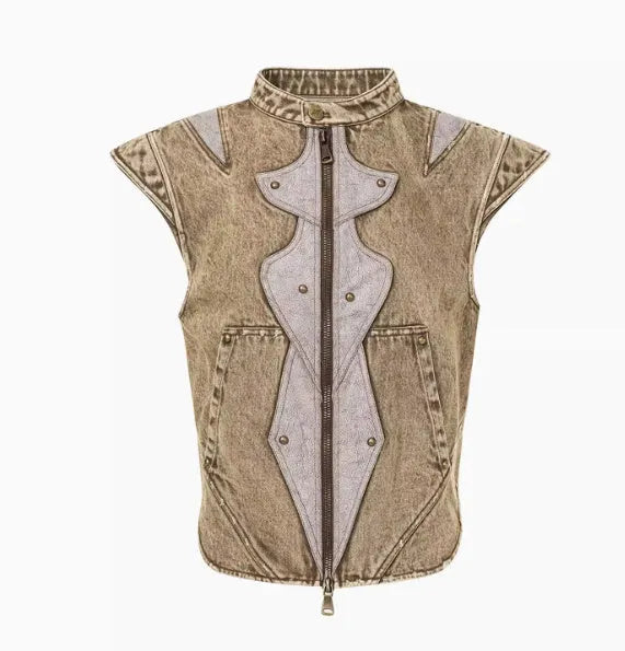 Men's pleated denim vest in cotton fabric, Korean style, shown in available colour.