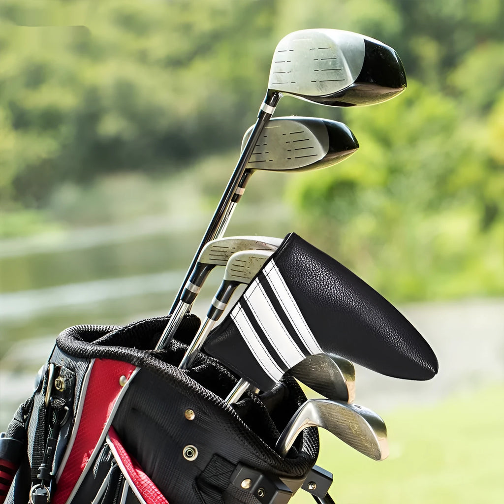 Black PU leather golf push rod case sleeve for protecting club heads.