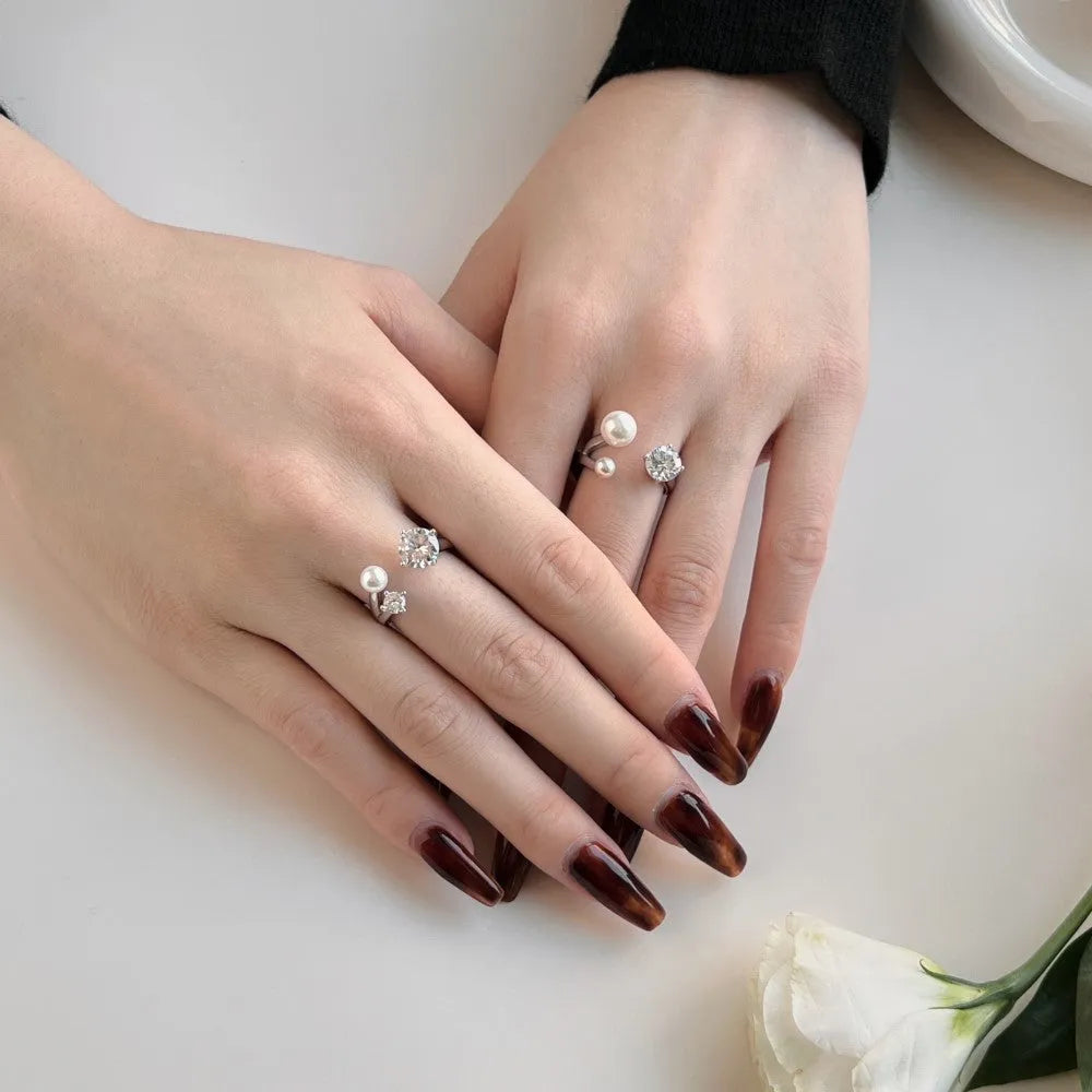 S925 sterling silver open ring for women with zircon and pearl inlay and adjustable opening in platinum colour