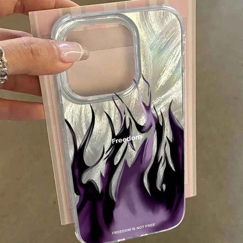 Colourful flame pattern silicone phone case for Apple iPhone, showing blue and red design variations.