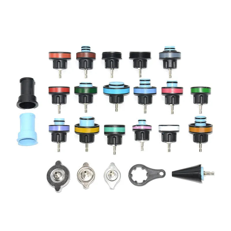 28-piece automotive radiator pressure testing kit with vacuum purge and refill tools