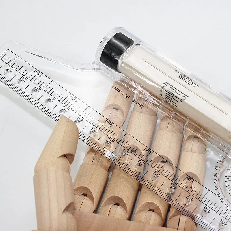 30cm plastic rolling ruler with roller, protractor, magnifying glass, and vertical line holes on white background