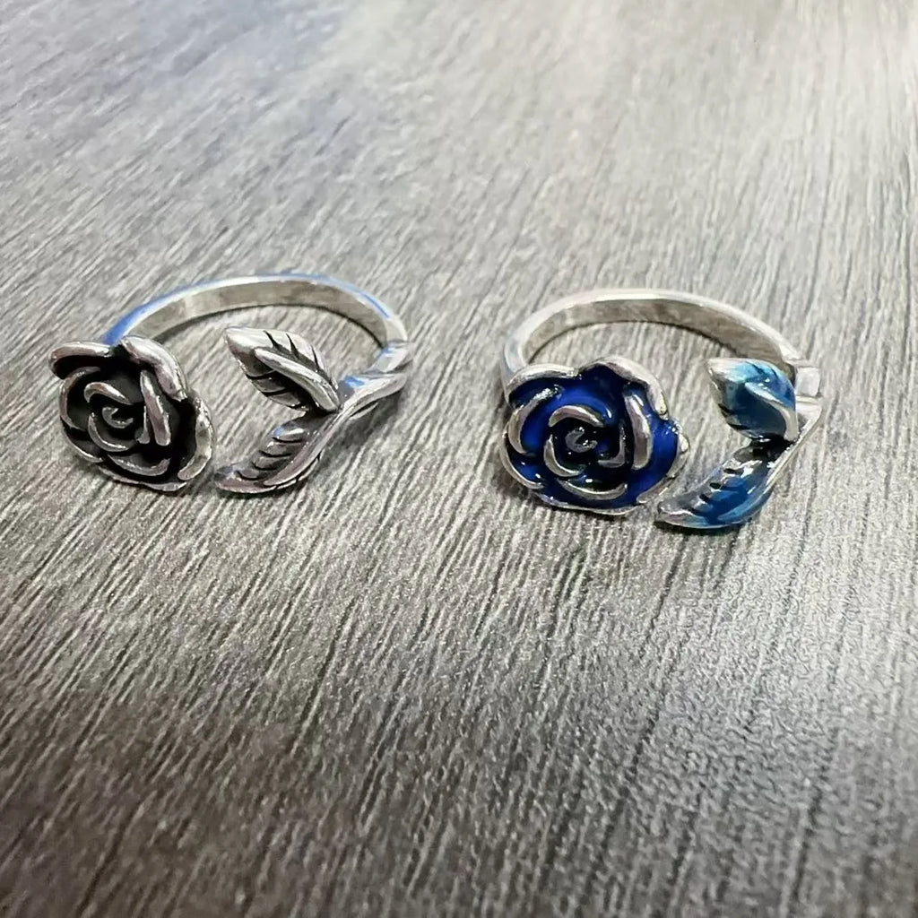 Retro blue enamel rose adjustable ring for women in copper casual style