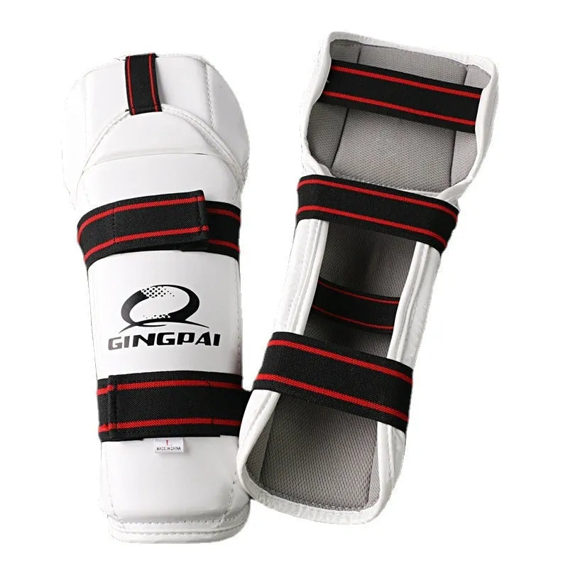 Taekwondo protective gear set showing arm guards, elbow protectors and legguards in PU EVA foam construction