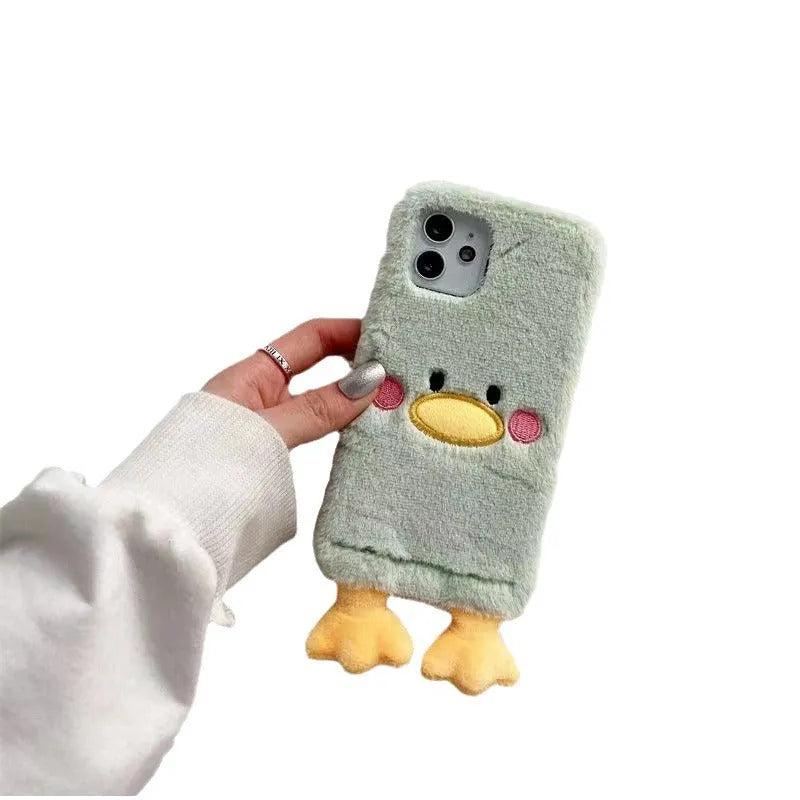 Plush duck TPU phone case for Apple iPhone 15 Pro with fall protection, back cover style, winter design