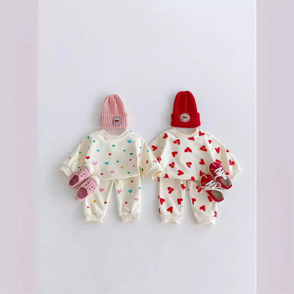 Baby cotton two-piece suit with coloured loving heart pattern in pullover style for 73-110cm