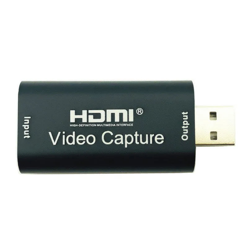 Black HDMI video capture card with USB connector, 64x28x13mm, supporting 4K input and 1080P output