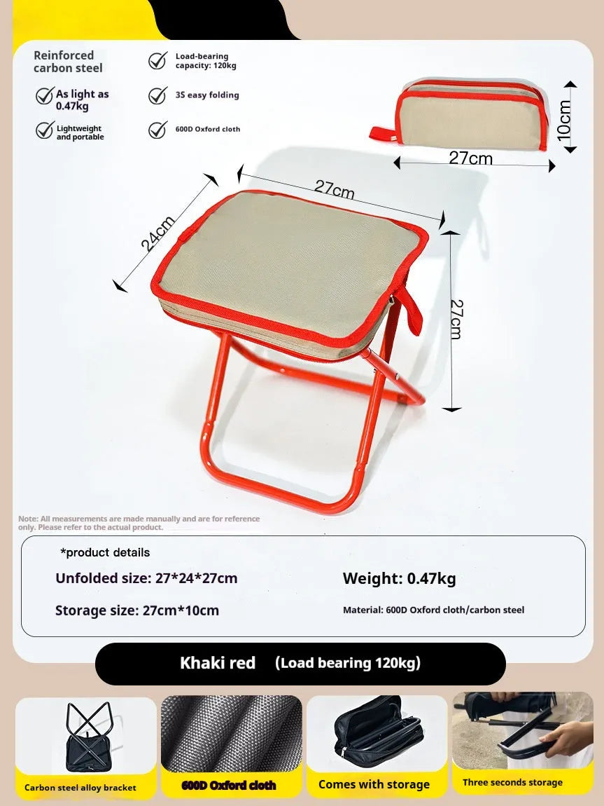 Lightweight foldable camp stool in Oxford cloth, shown folded and unfolded in khaki colour.