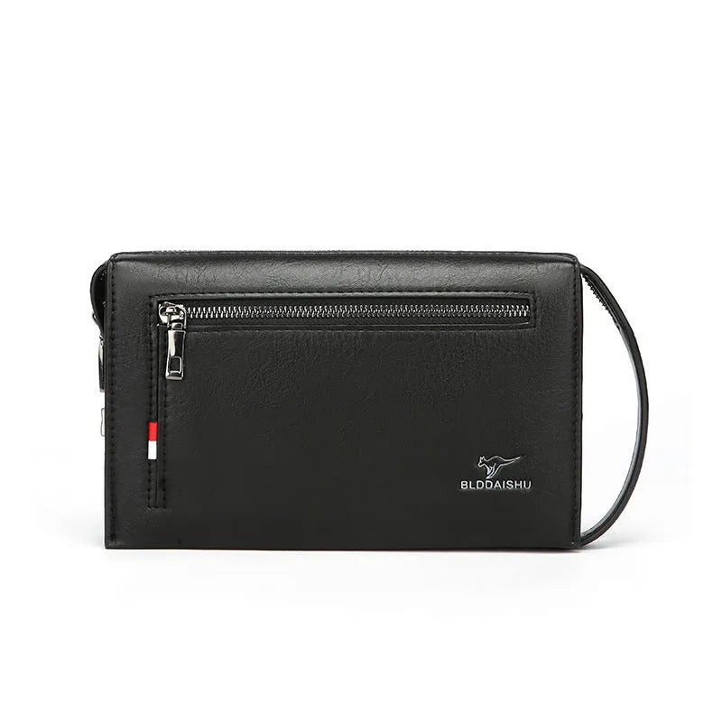 Men's large capacity PU clutch briefcase in solid black colour, front view