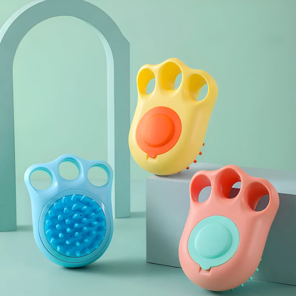 Cat claw pet bath brush with rubber massage tips in blue, pink, white, and yellow colour options