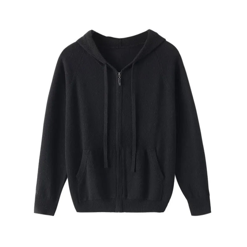 Men's hooded cashmere cardigan with zipper front in solid colours for work wear