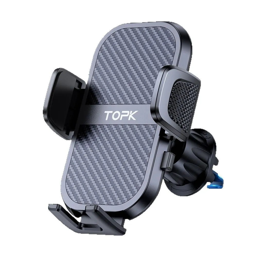 Universal car phone holder showing five different mounting bracket styles for windshield, dashboard and air vent installation.