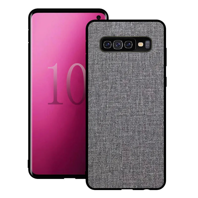Canvas patterned mobile phone case for Samsung Galaxy models on a table.