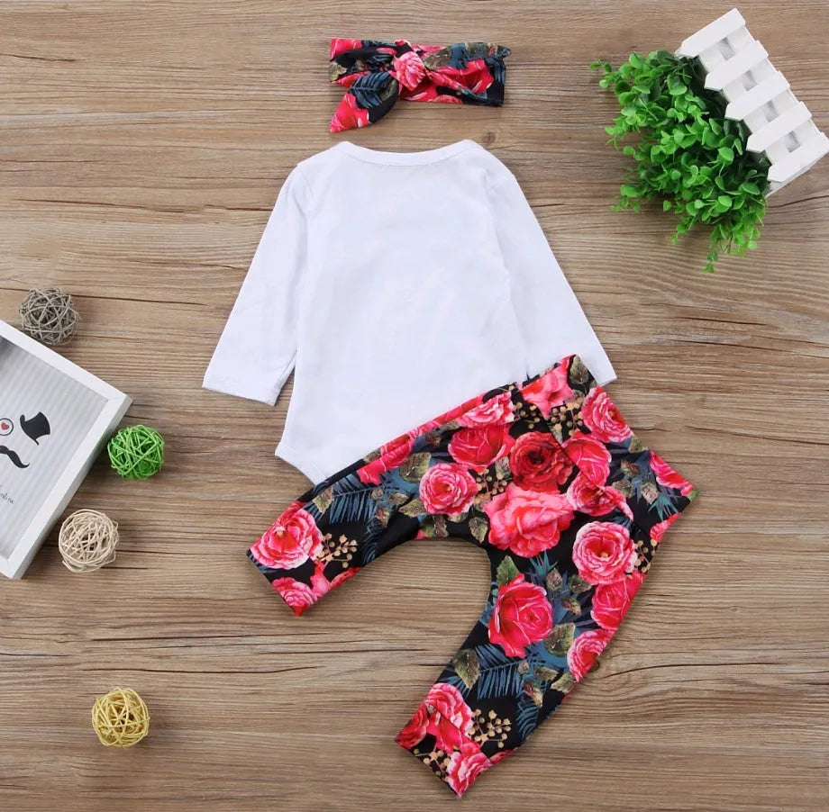 Girls autumn three-piece cotton suit with long sleeves, flower print top, and matching hair band