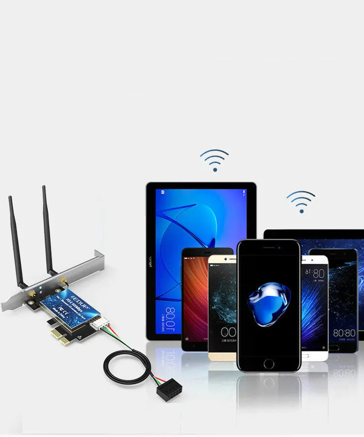 Dual-band PCI-E wireless network card with two 5DBi external antennas for desktop Wi-Fi and Bluetooth 4.0