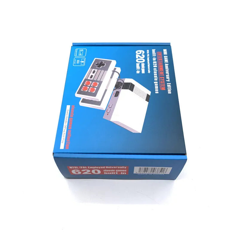 Retro grey and red 8-bit NES game console with two classic controllers on a table.