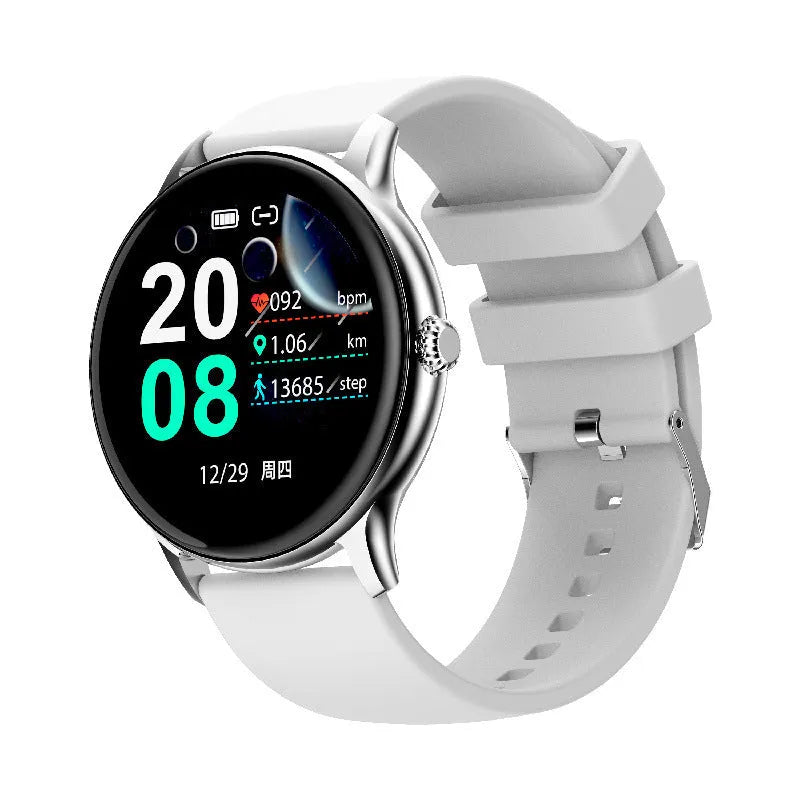 Black smart sports watch with circular screen displaying health metrics on a silicone wristband.