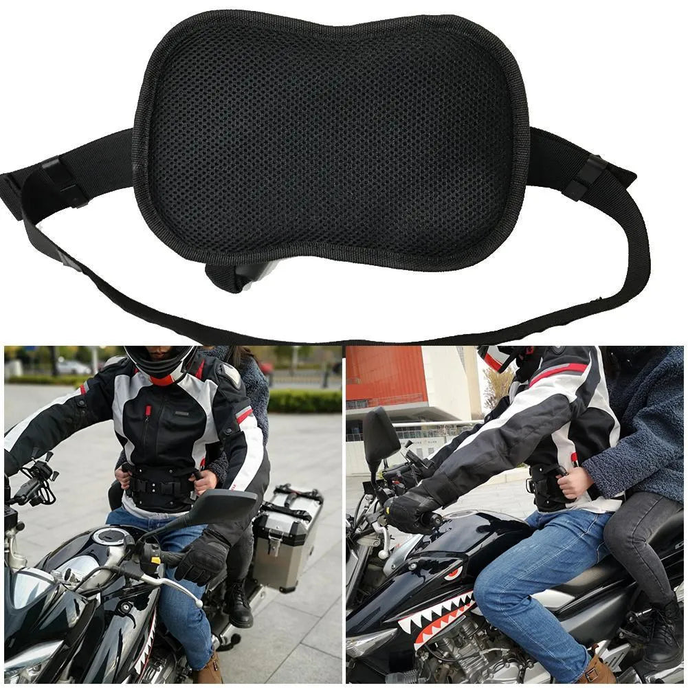 Motorcycle rear seat safety handle in black with Oxford cloth strap and adjustable buckle