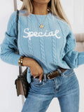 Blue men's pullover with embroidered letter design on crew neck knit sweater