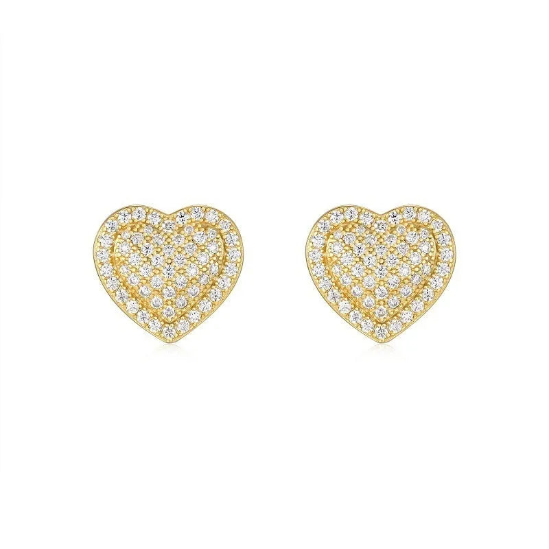 S925 sterling silver heart stud earrings with gold-colour finish and moissanite stones
