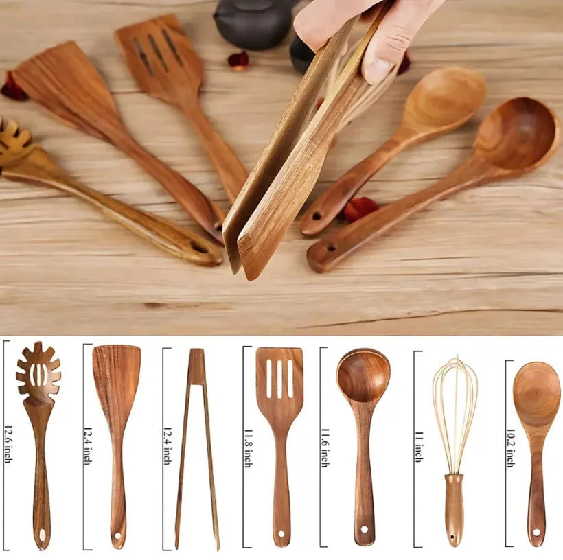 Seven wooden cooking utensils including spoon and shovel for non-stick pans