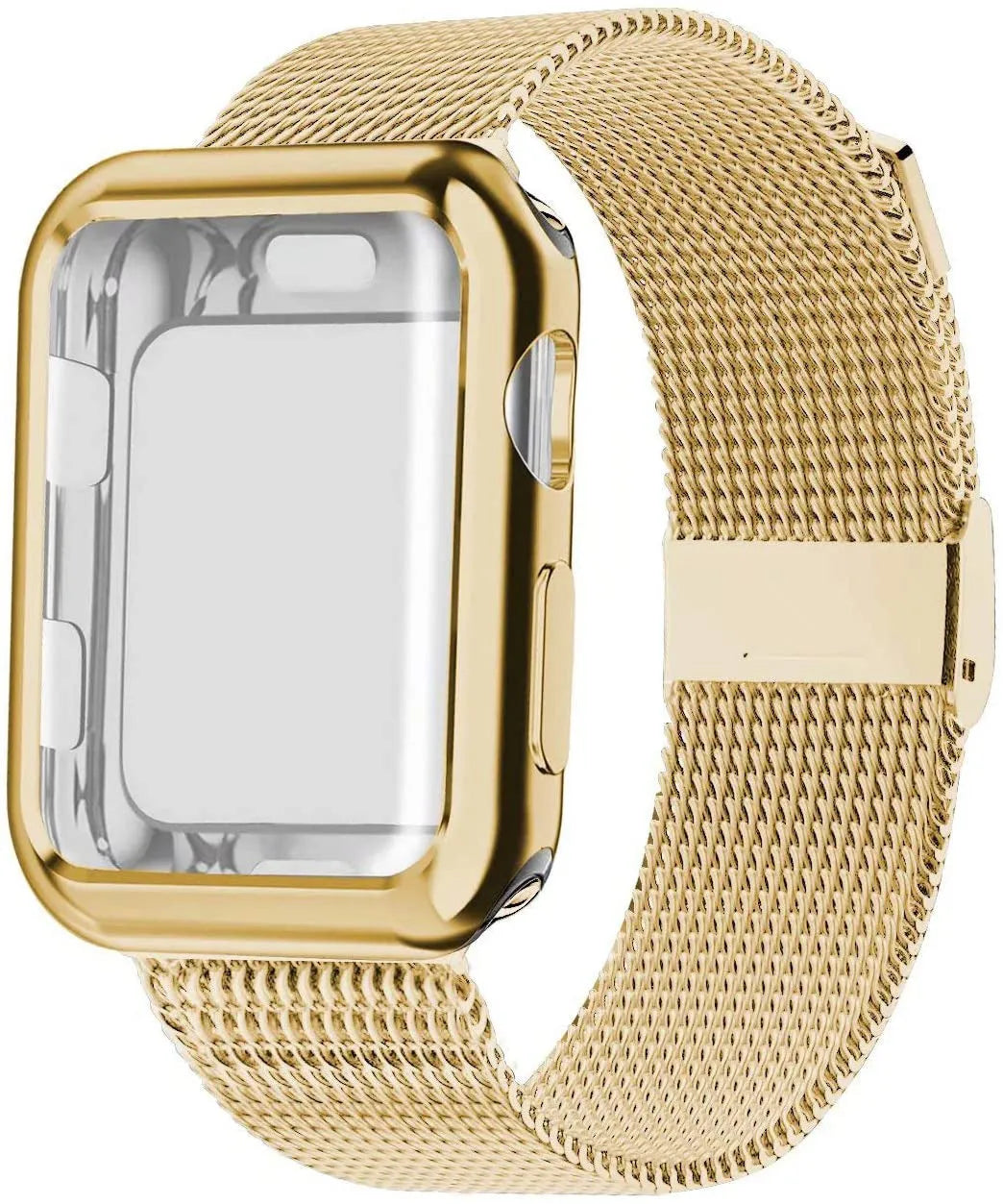 Silver Milanese loop metal strap with magnetic clasp attached to an Apple Watch on a wrist.