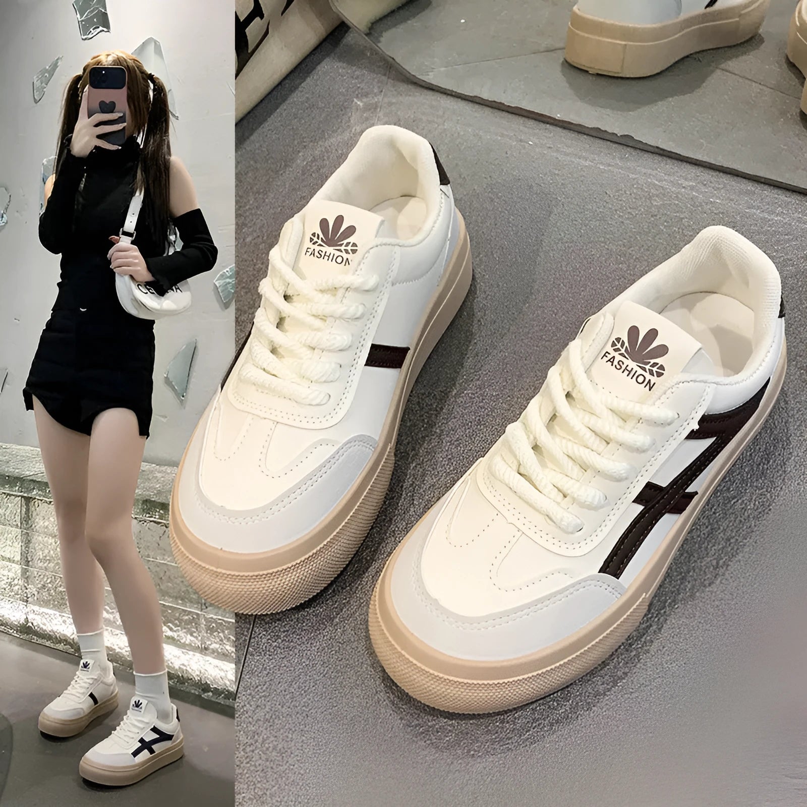 Low-top brown and blue casual board shoes with patent leather upper and flat rubber sole