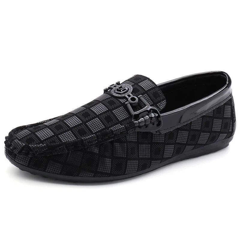 Lazy man plaid shoes in Black, Khaki, and White with shallow opening and flat heel