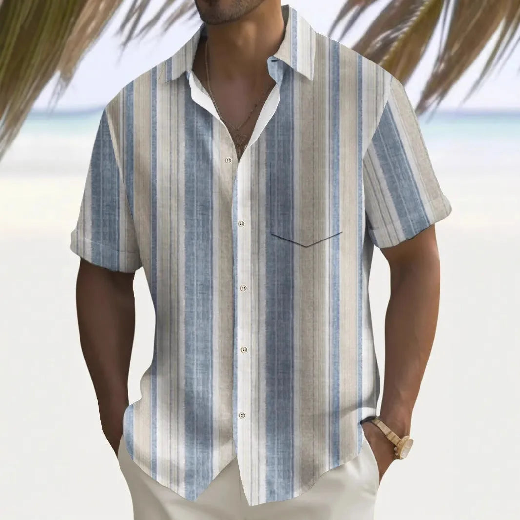 Men's loose-fit printed casual shirt in polyester fabric showing cardigan style and multiple colour options