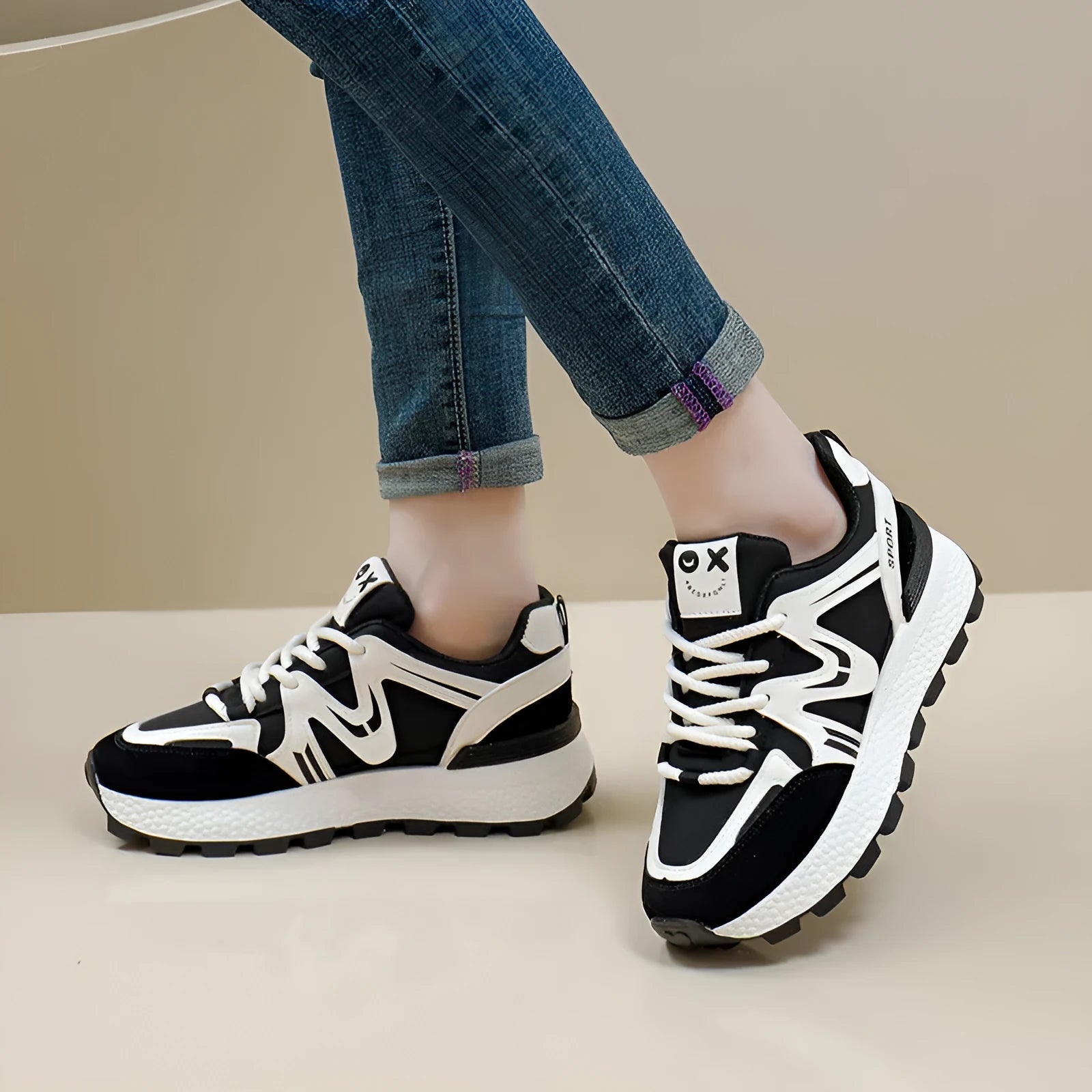 Women's solid colour platform casual shoes with lace-up front and round toe in black, grey, or khaki.