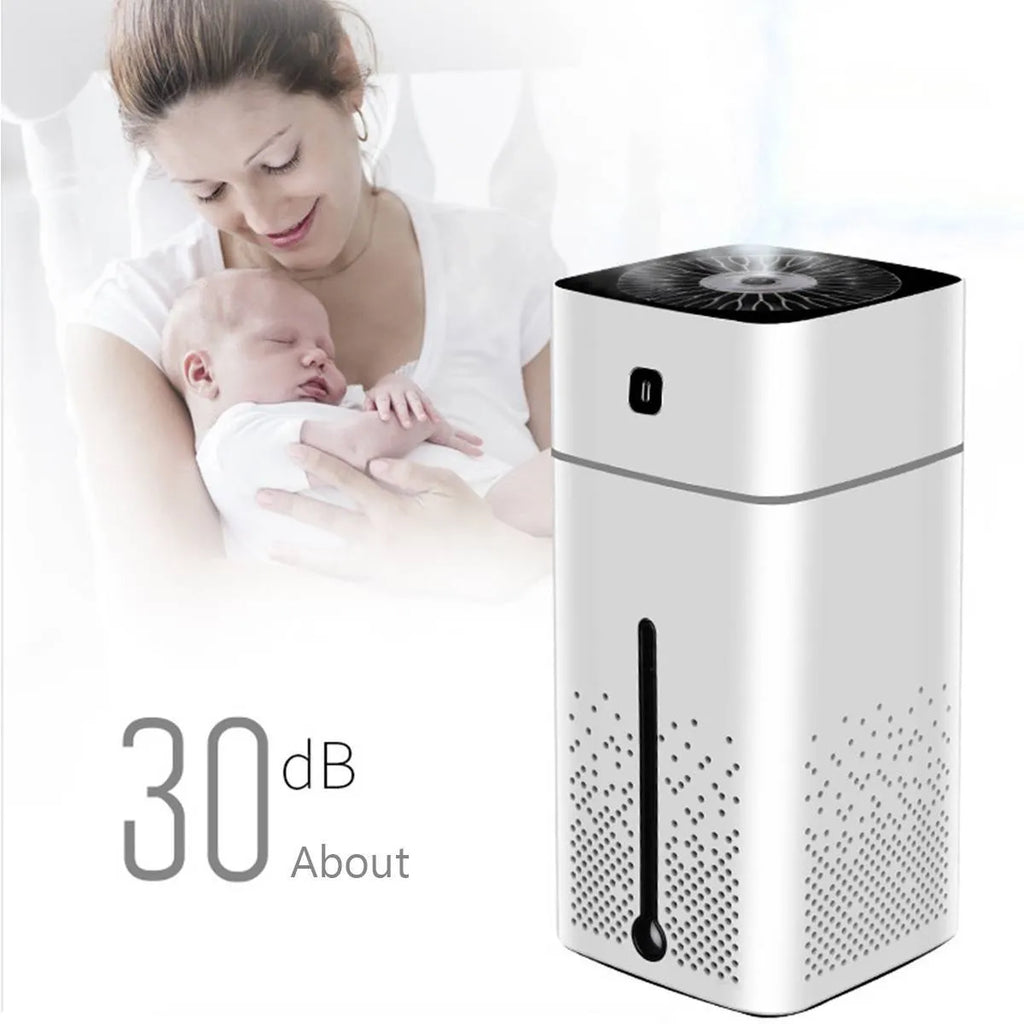 Black and white USB-powered desktop humidifier with 1000ml water tank on a desk.