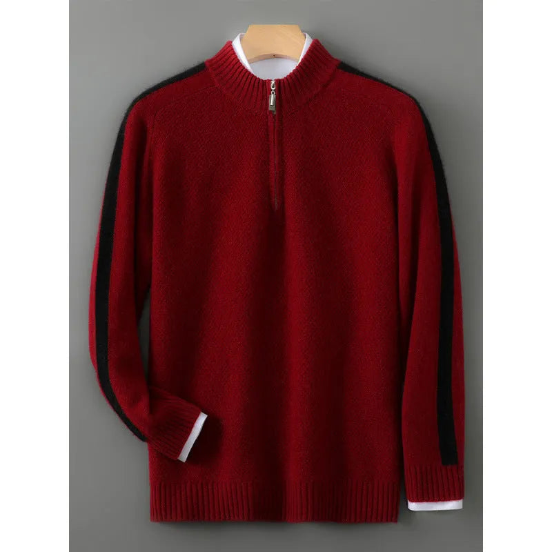 Plus-size slim fit sheep wool sweater with a half-height zip round neck in pea green colour
