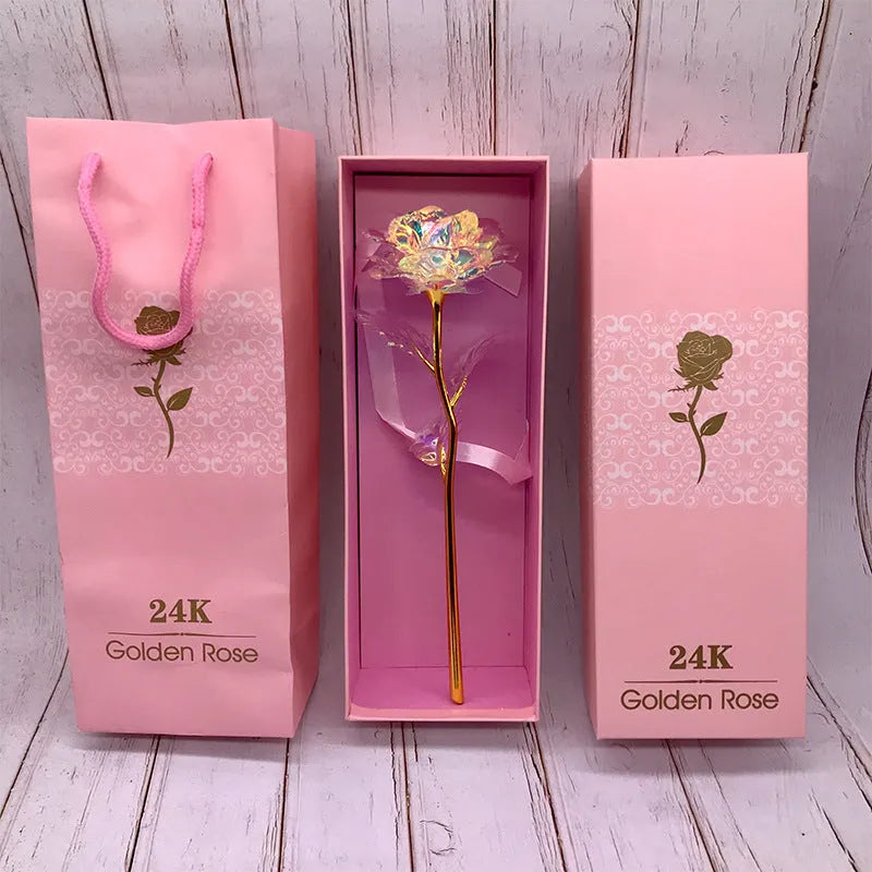 24K luminous gold rose flower set in gift box with tote bag, handmade plastic bouquet non-fade artificial roses
